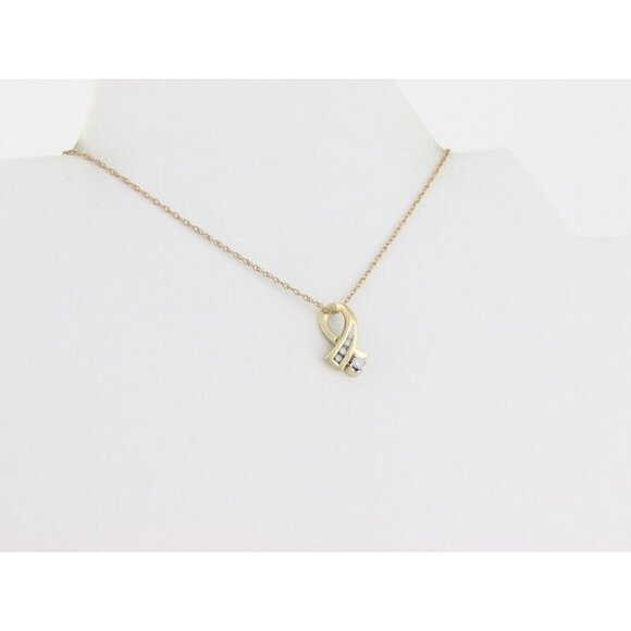 10k Yellow Gold Diamond Ribbon Necklace 18" Chain - Picture 6 of 7
